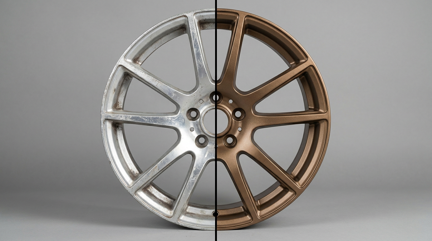 Felge Bronze Finish vorher und nachher — Pulverbeschichtung