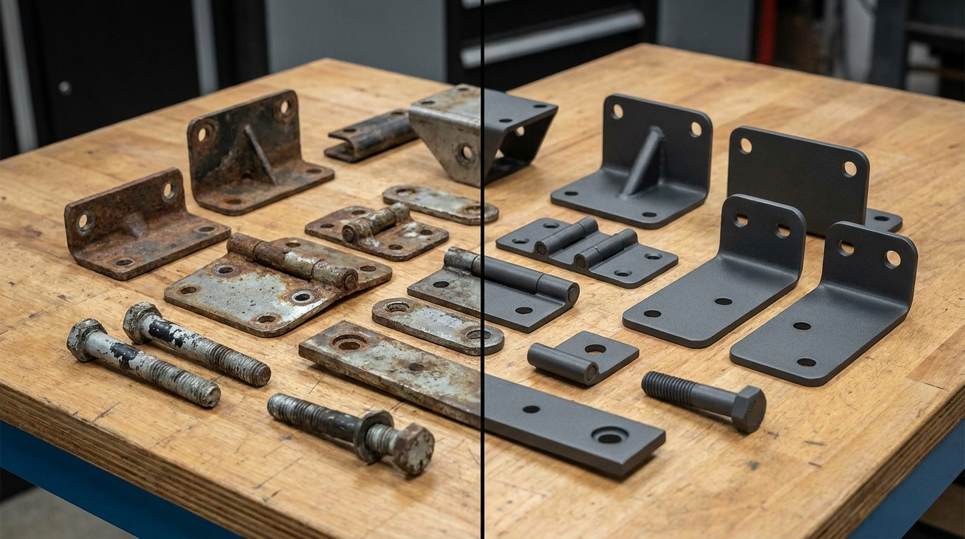 Metallteile vorher und nachher — Pulverbeschichtung